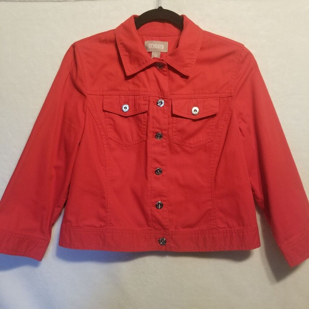 Chicos 0 (S) Jacket Red Button Closure Pockets Lightweight Trucker Casual Office